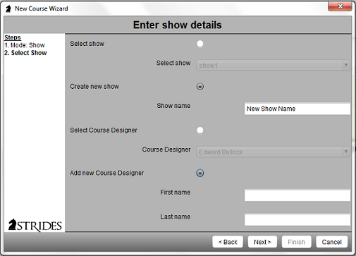 New course wizard page 2, enter show details